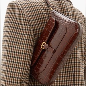 BY FAR Dark Brown Croc-Embossed Shoulder Bag with Gold Buckle